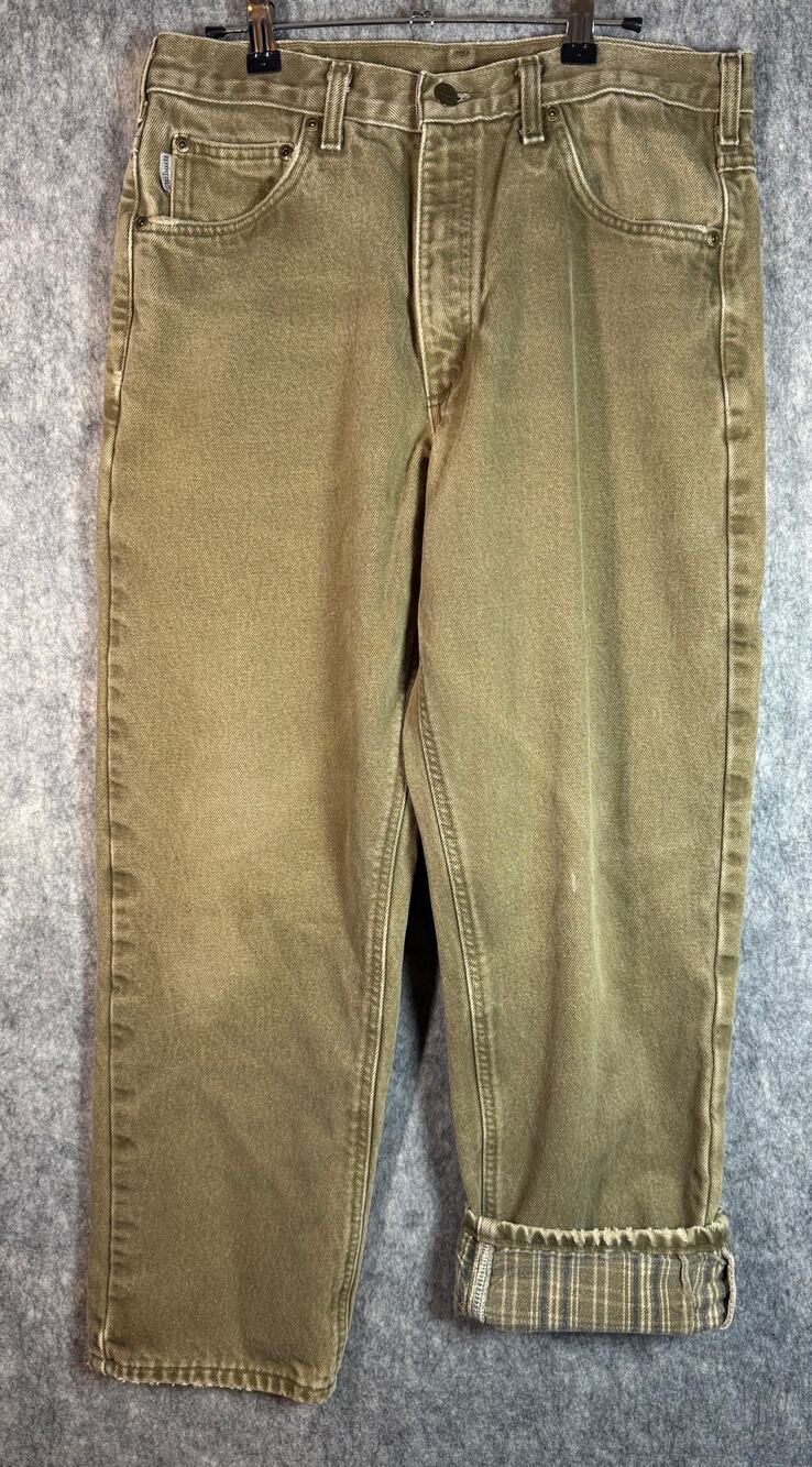 Vintage Carhartt Mens B162 BRK Flannel Lined Tan Brown Denim Pants 34x30